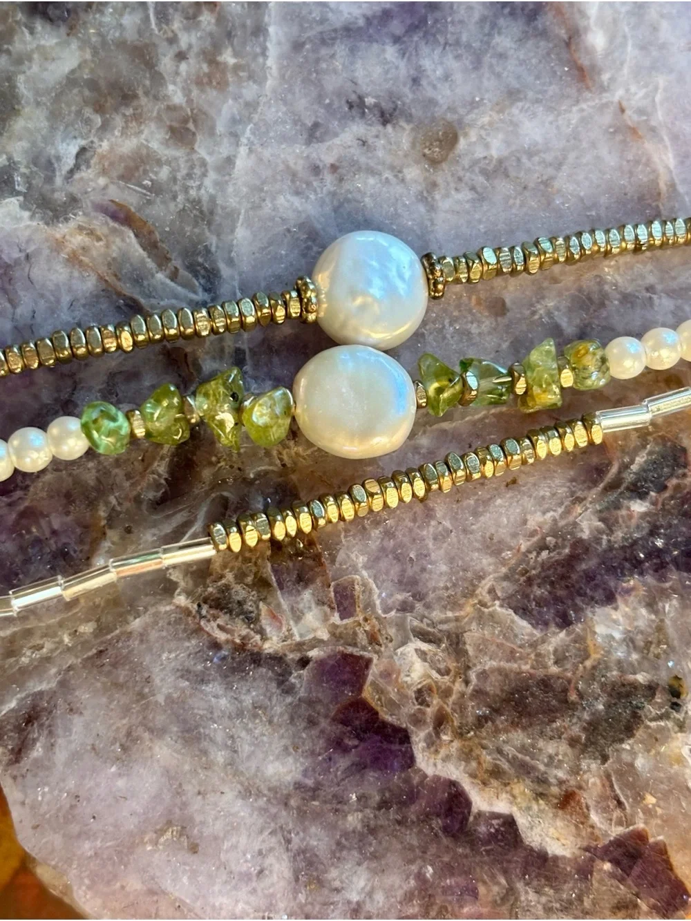 Gold Pearl & Peridot Beaded Bracelet - 7.5 inches